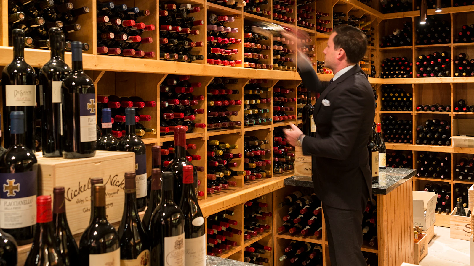 Sommelier in the wine cellar of Pappas Bros. Steak House in the Downtown location.